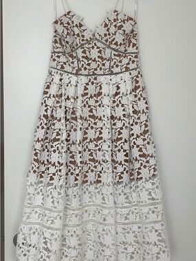 Women’s White Lace Overlay Dress with Tan Lining